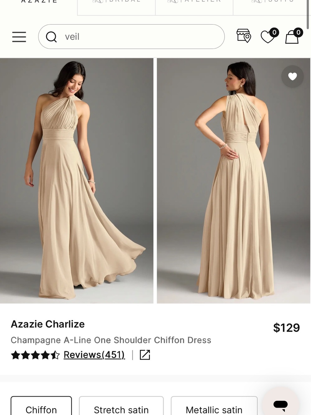 Azazie One-Shoulder A-Line Chiffon Dress in Champagne